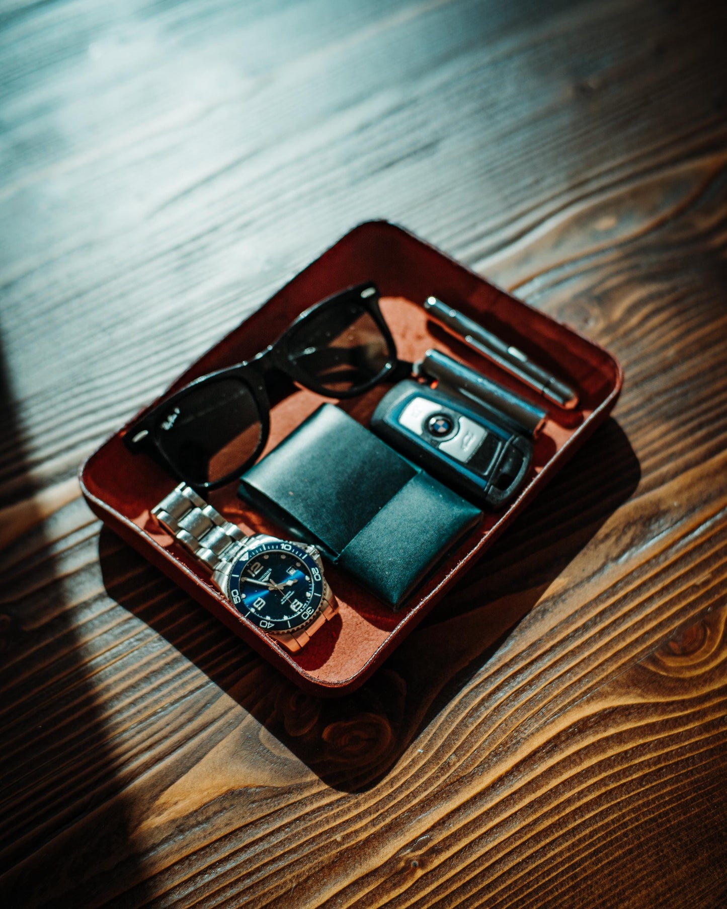 Leather Catchall Tray, Cognac Valet Tray, Handmade Desk Organizer