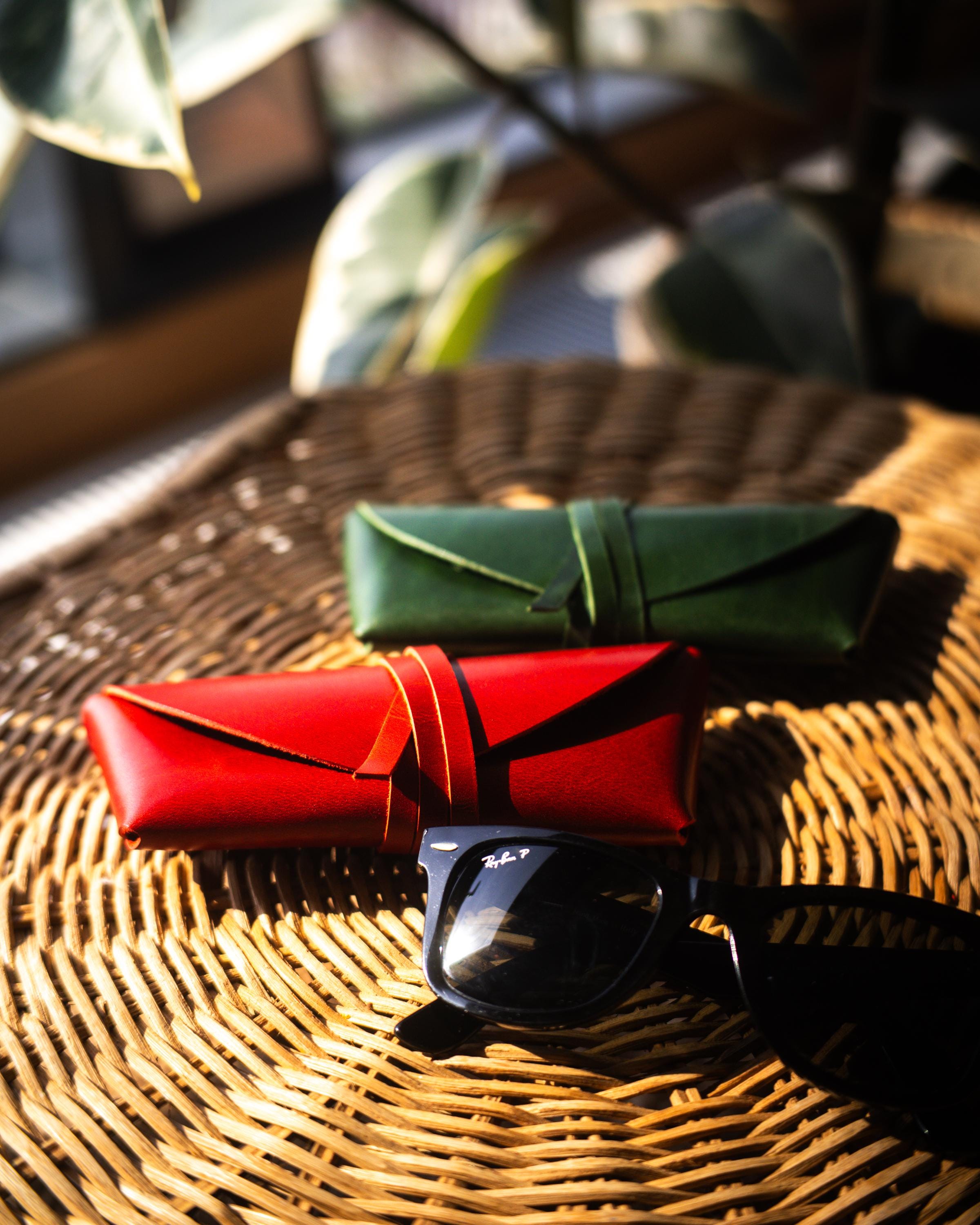 Glossy Leather Sunglasses Case – Minimal Slim Eyewear Sleeve, Travel Gift