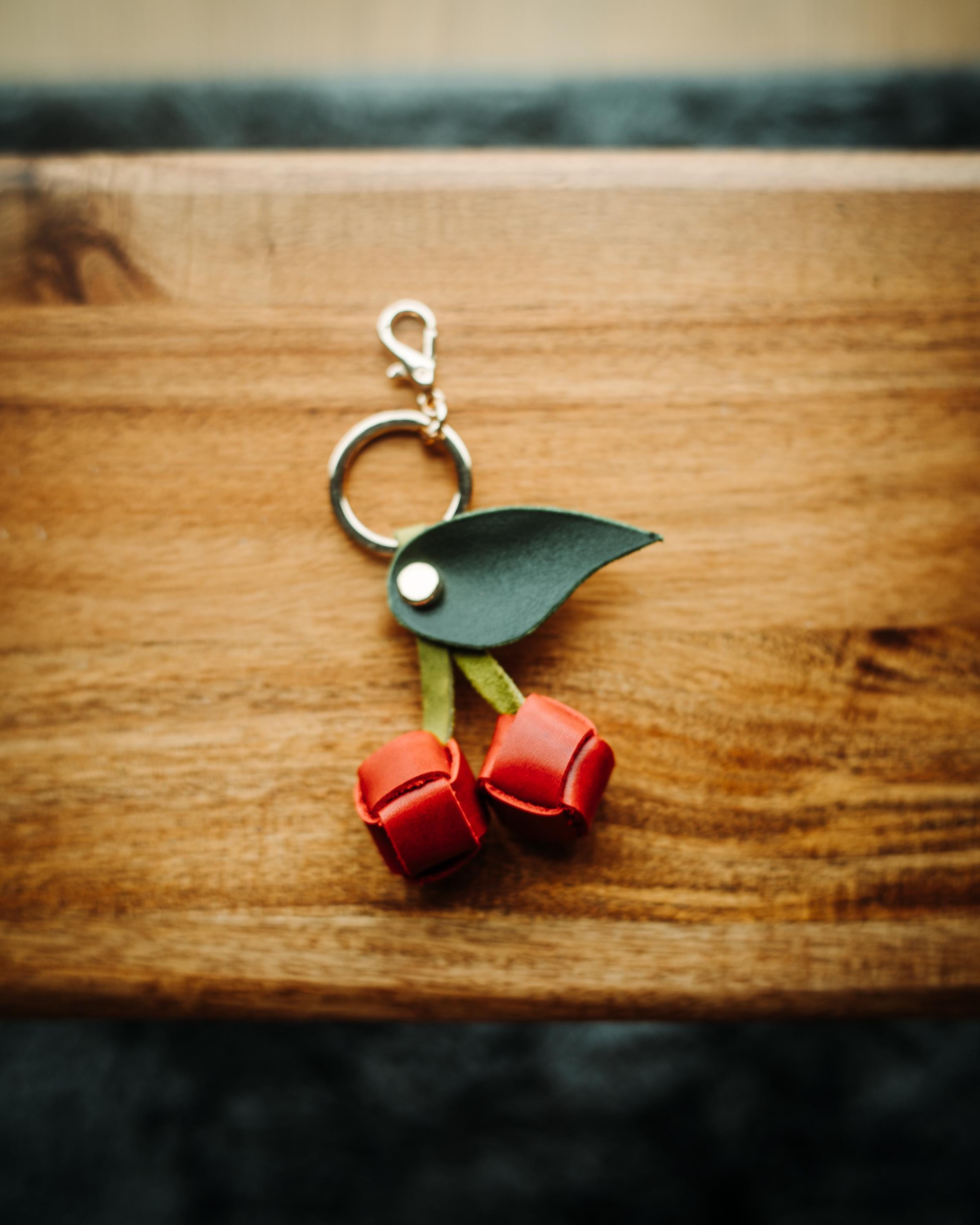 Handmade Leather Cherry Keychain: Fruit Purse Charm