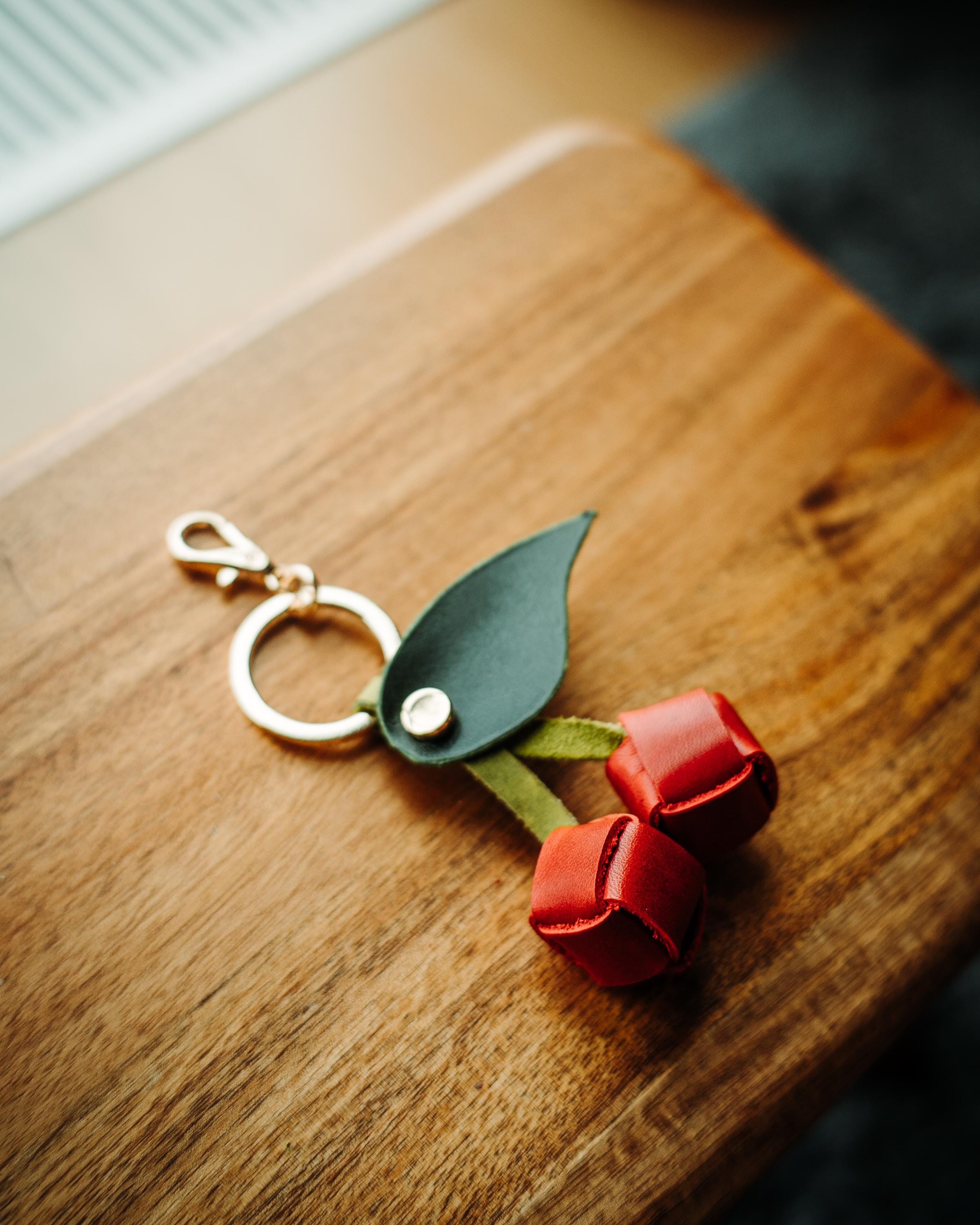 Handmade Leather Cherry Keychain: Fruit Purse Charm