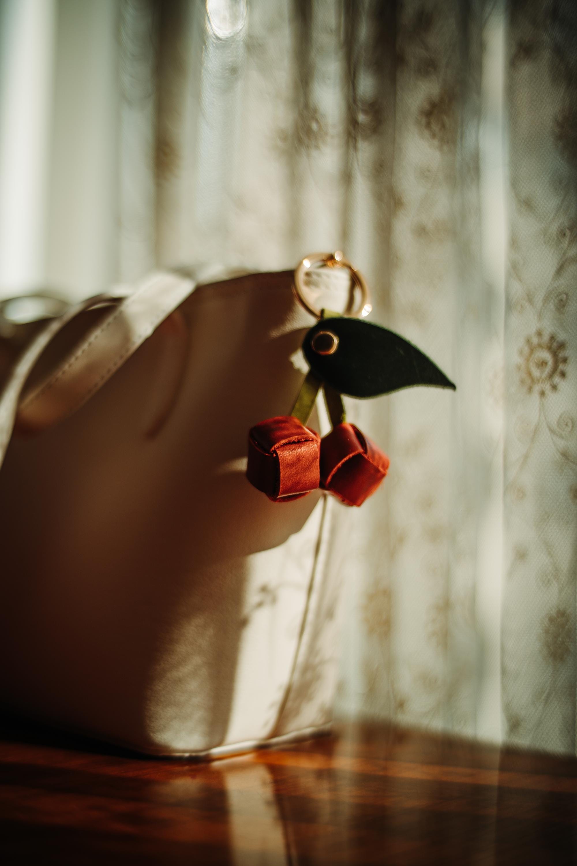 Handmade Leather Cherry Keychain: Fruit Purse Charm