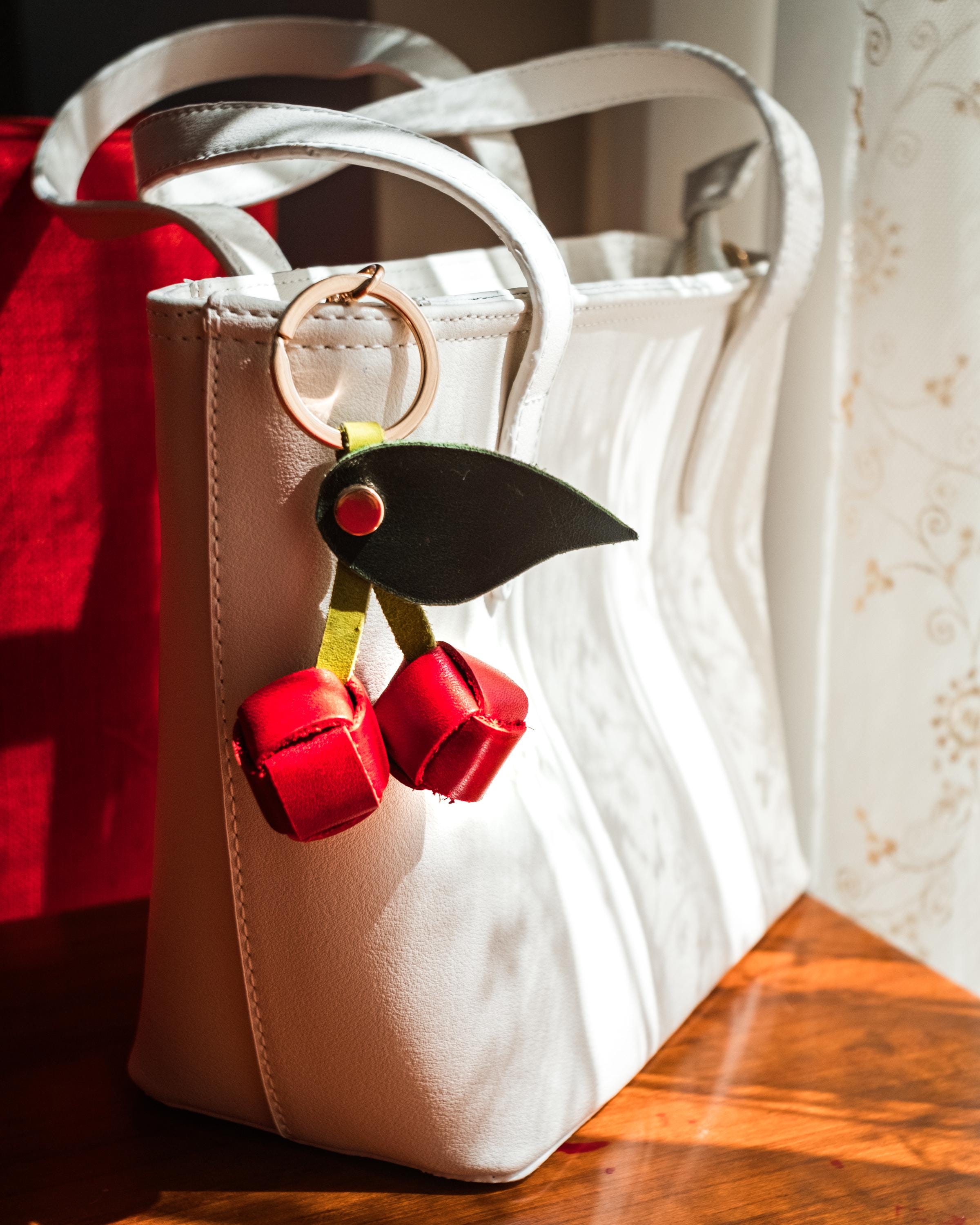 Handmade Leather Cherry Keychain: Fruit Purse Charm