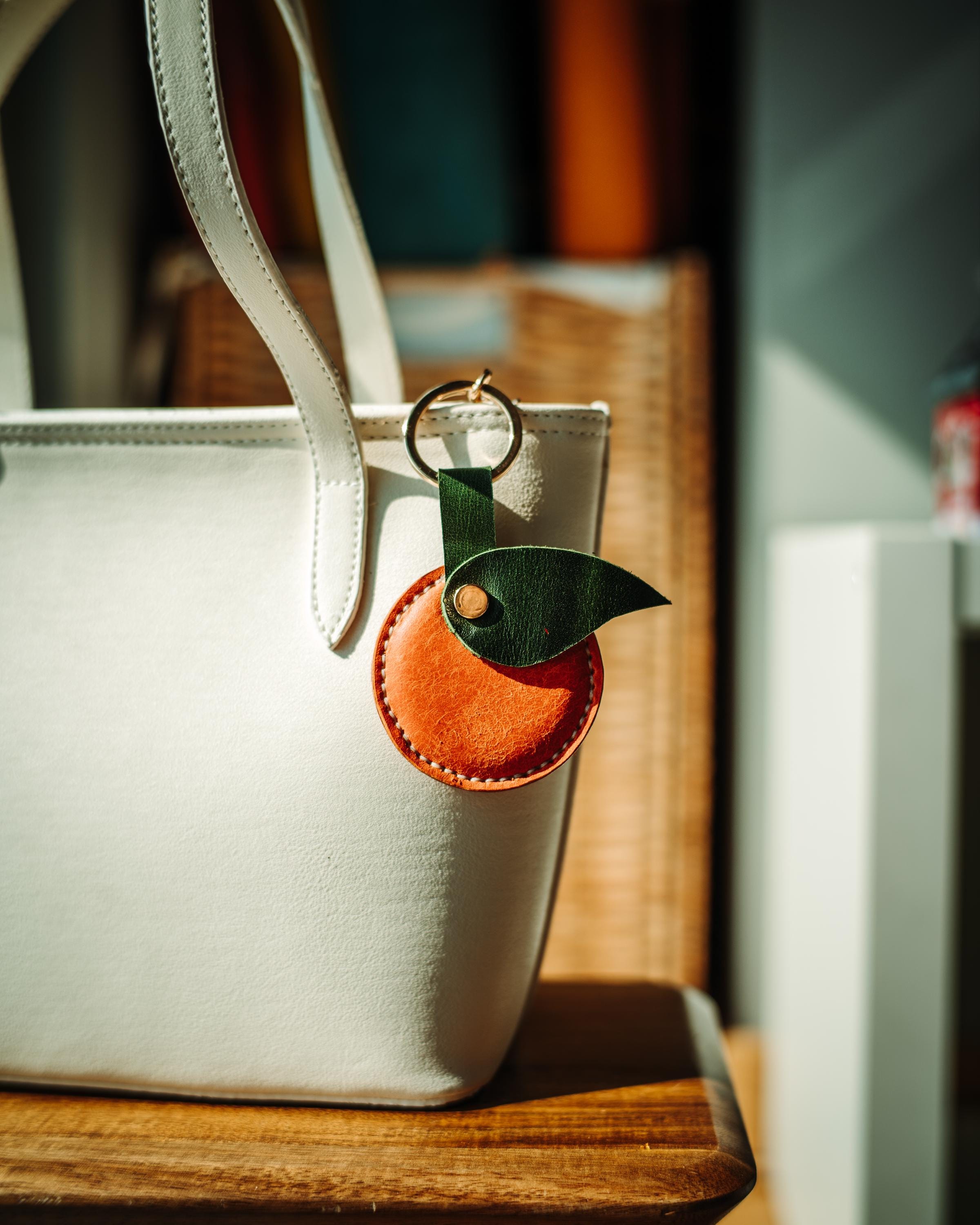 Leather Orange Bag Charm – Handmade Fruit Keychain, Unique Purse Accessory Gift