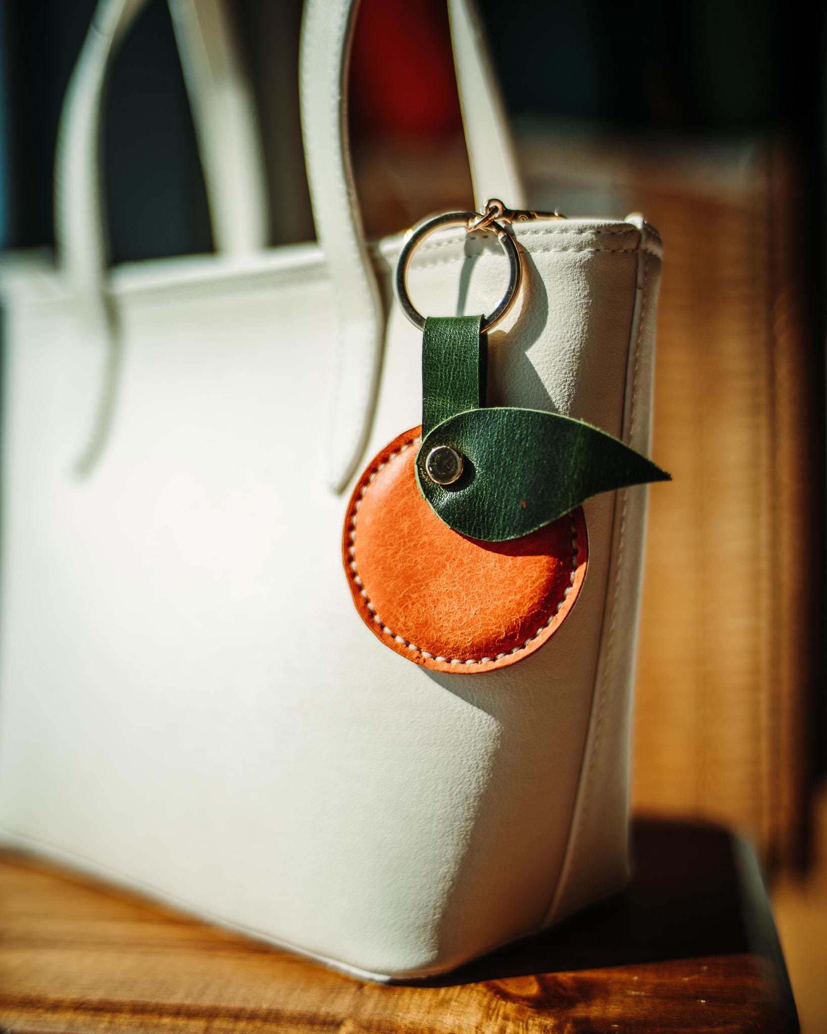 Leather Orange Bag Charm – Handmade Fruit Keychain, Unique Purse Accessory Gift