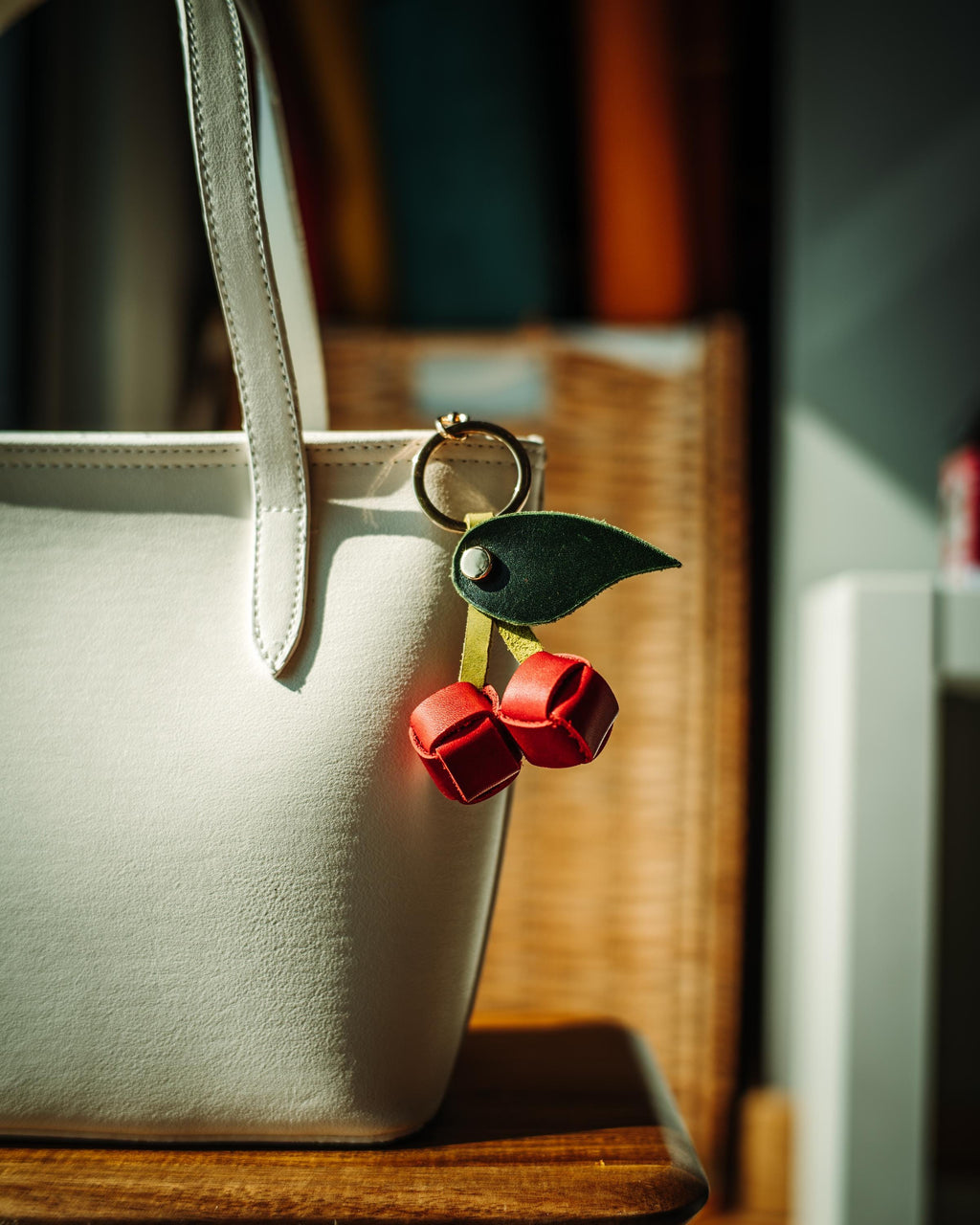 Handmade Leather Cherry Keychain: Fruit Purse Charm