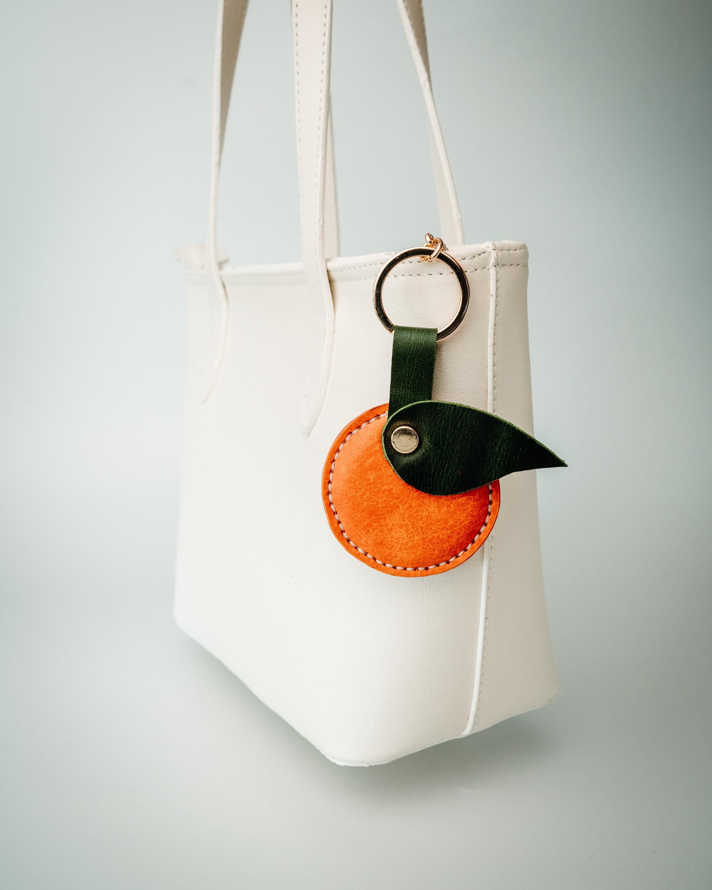 Leather Orange Bag Charm – Handmade Fruit Keychain, Unique Purse Accessory Gift