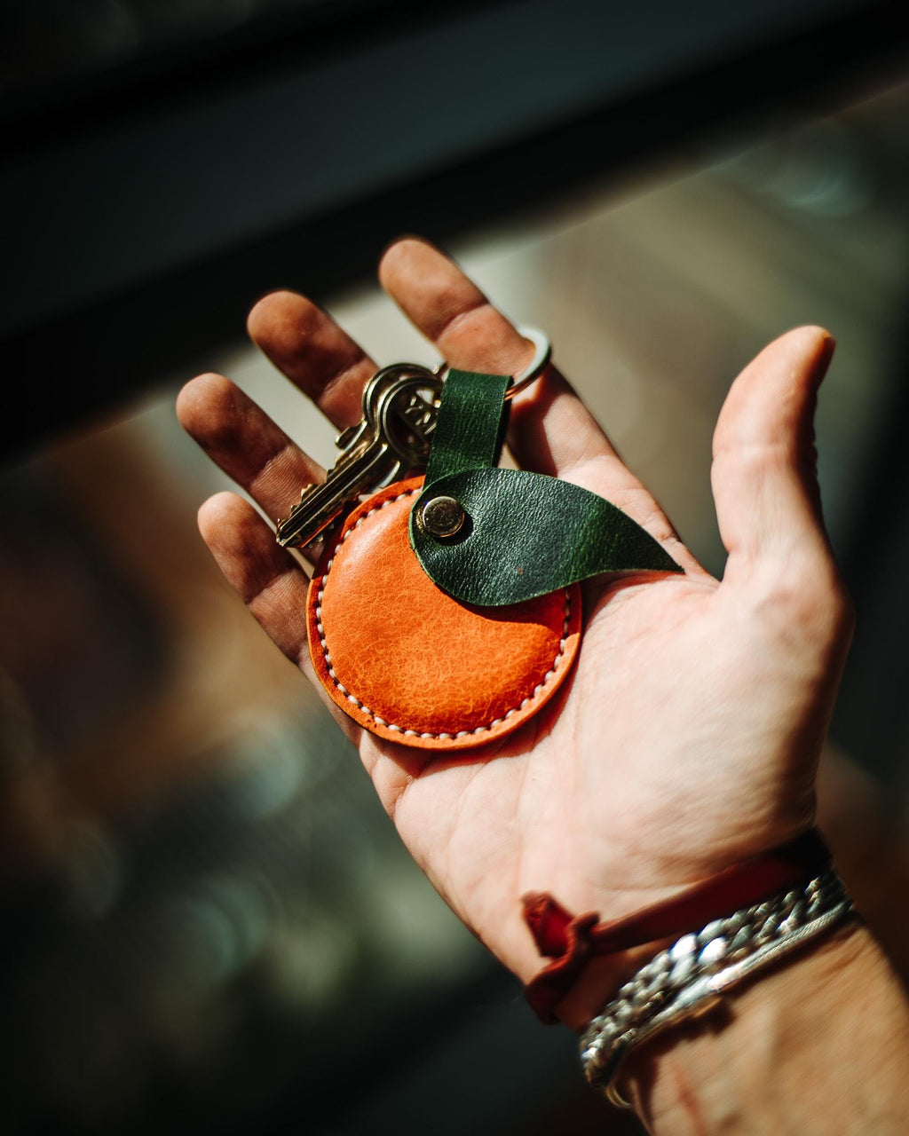 Leather Orange Bag Charm – Handmade Fruit Keychain, Unique Purse Accessory Gift