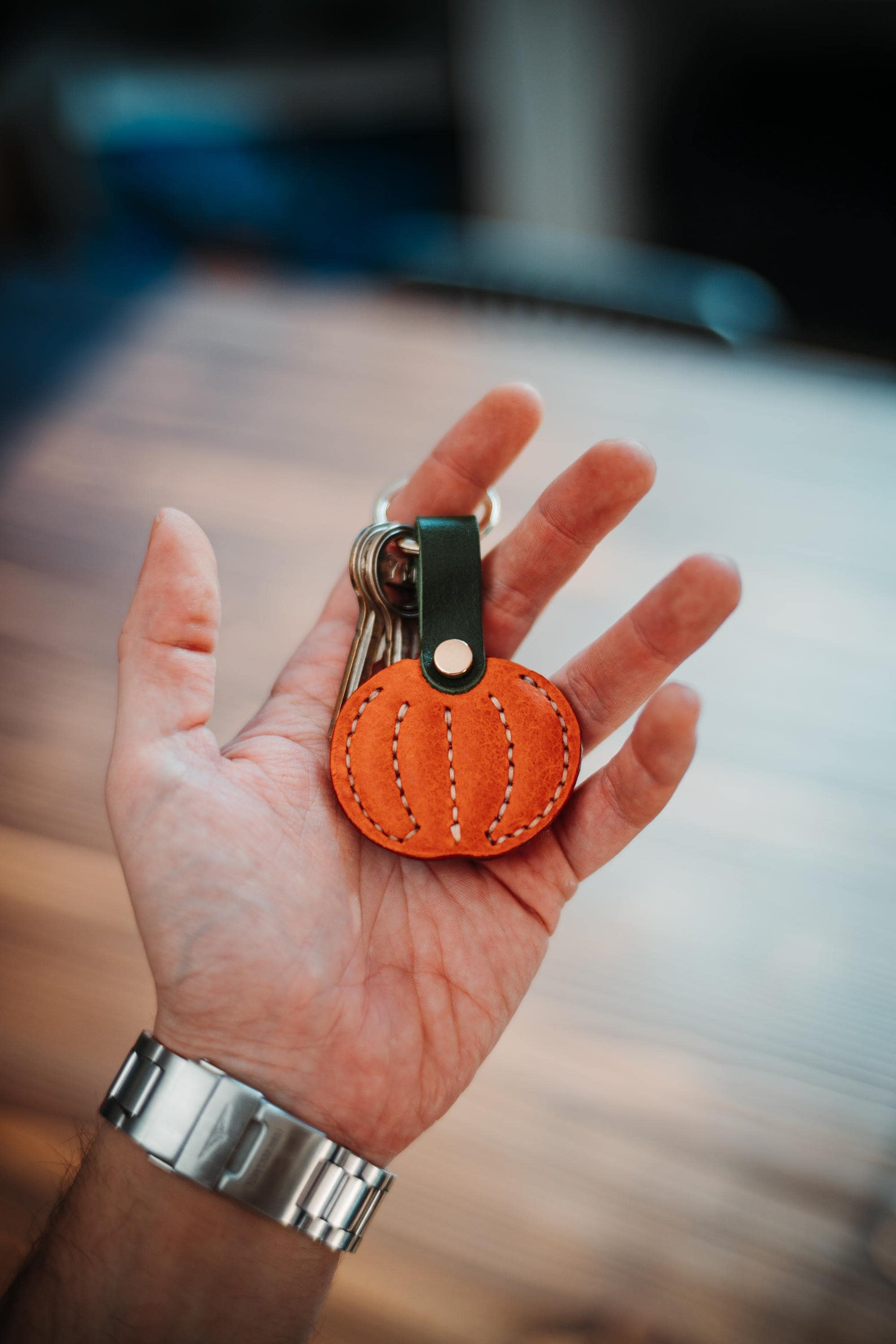 Handmade Leather Pumpkin Charm: Halloween Bag Accessory, Keychain Gift