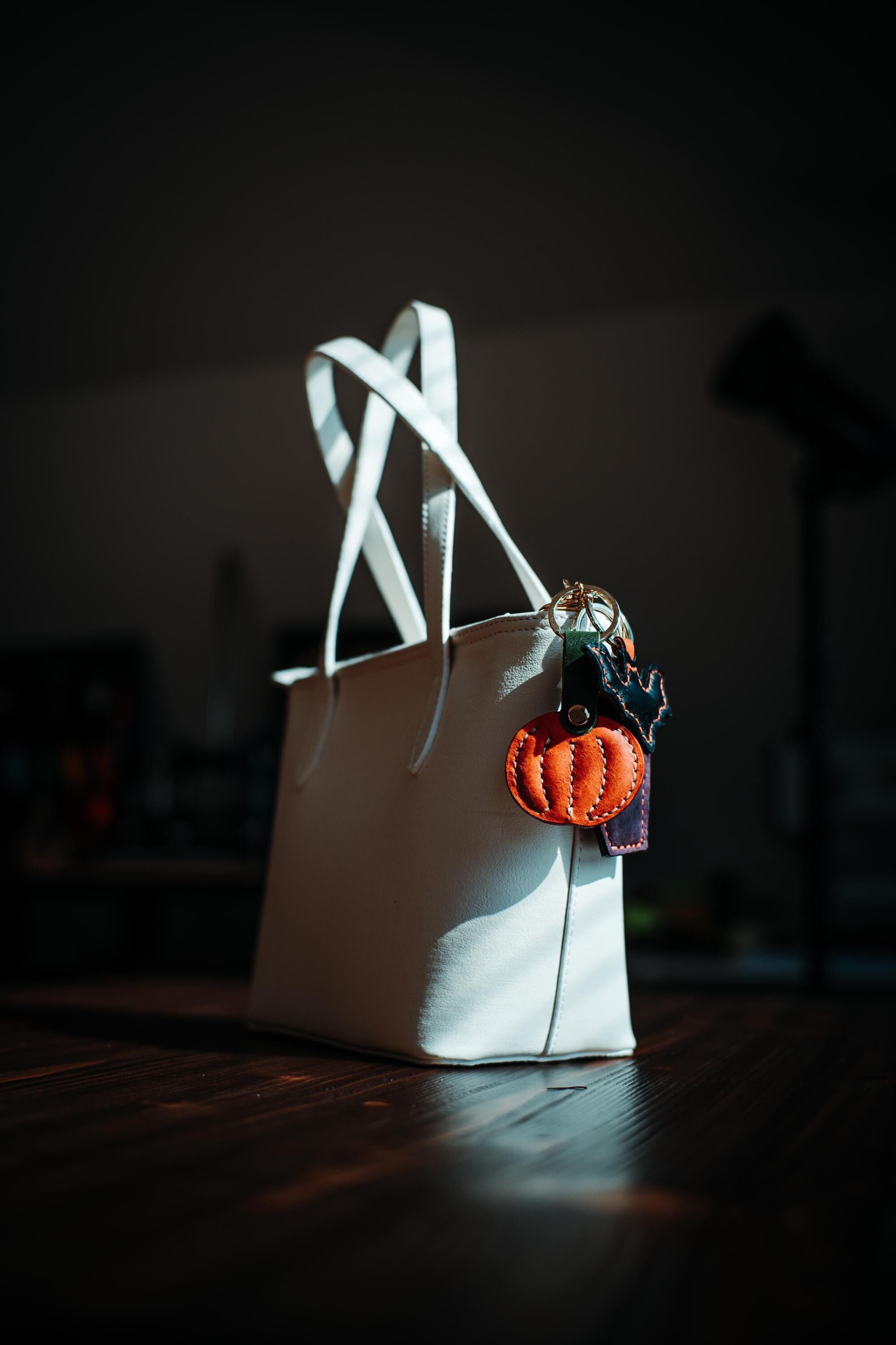 Handmade Leather Pumpkin Charm: Halloween Bag Accessory, Keychain Gift