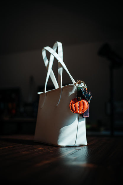 Handmade Leather Pumpkin Charm: Halloween Bag Accessory, Keychain Gift
