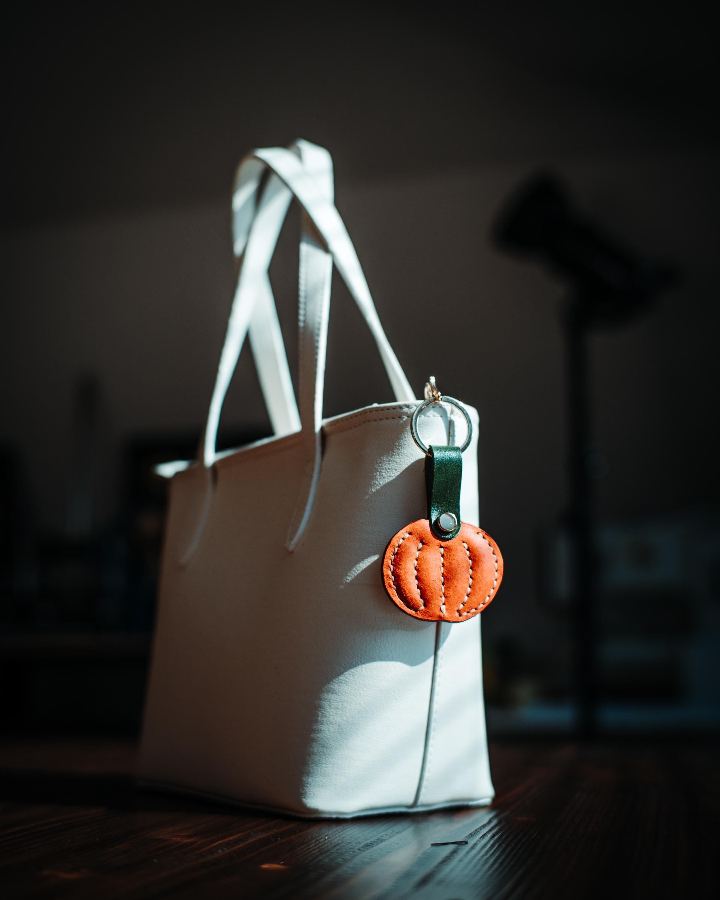 Handmade Leather Pumpkin Charm: Halloween Bag Accessory, Keychain Gift