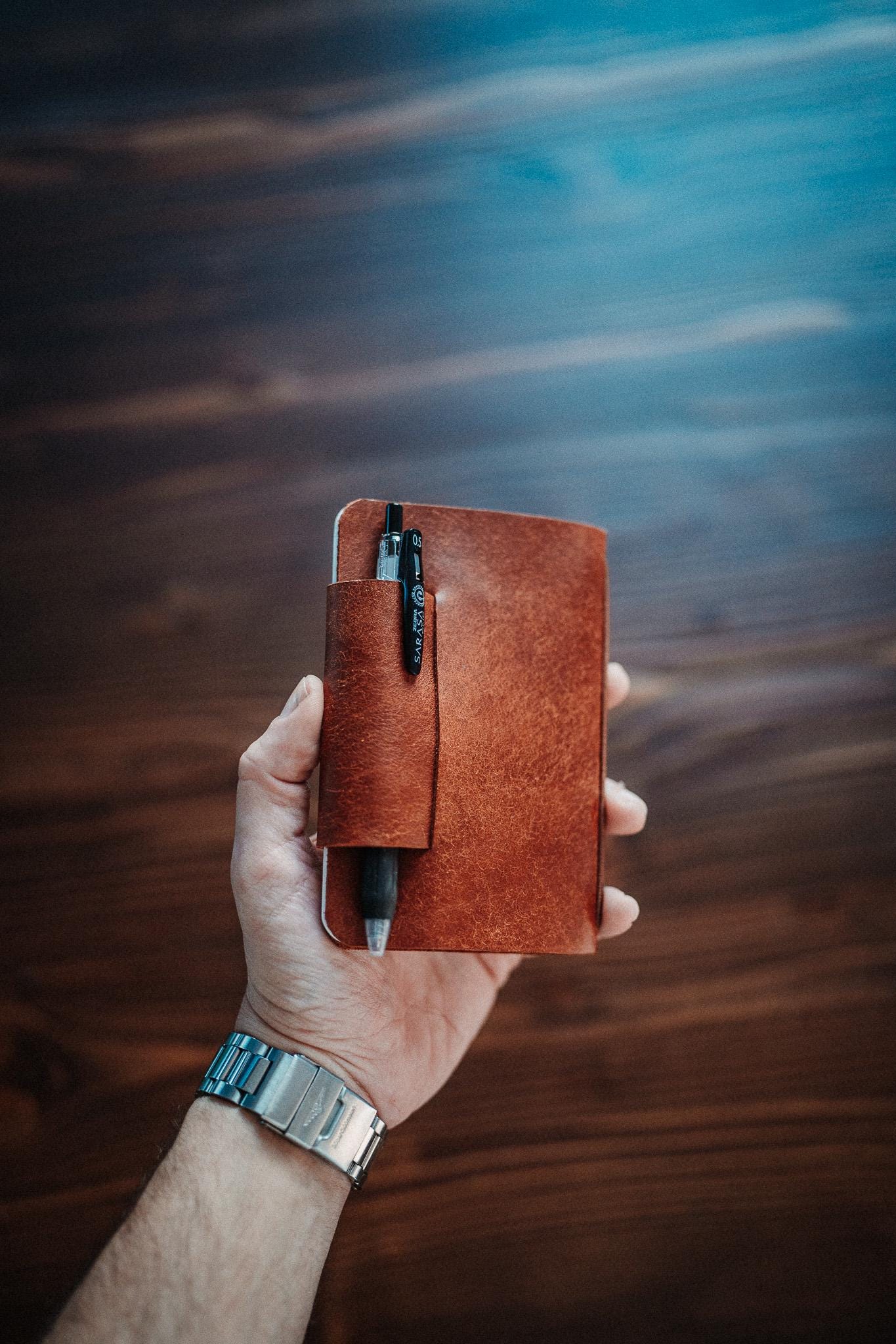 Leather Field Notes Cover, Handmade Notebook Case with Hidden Pen Holder