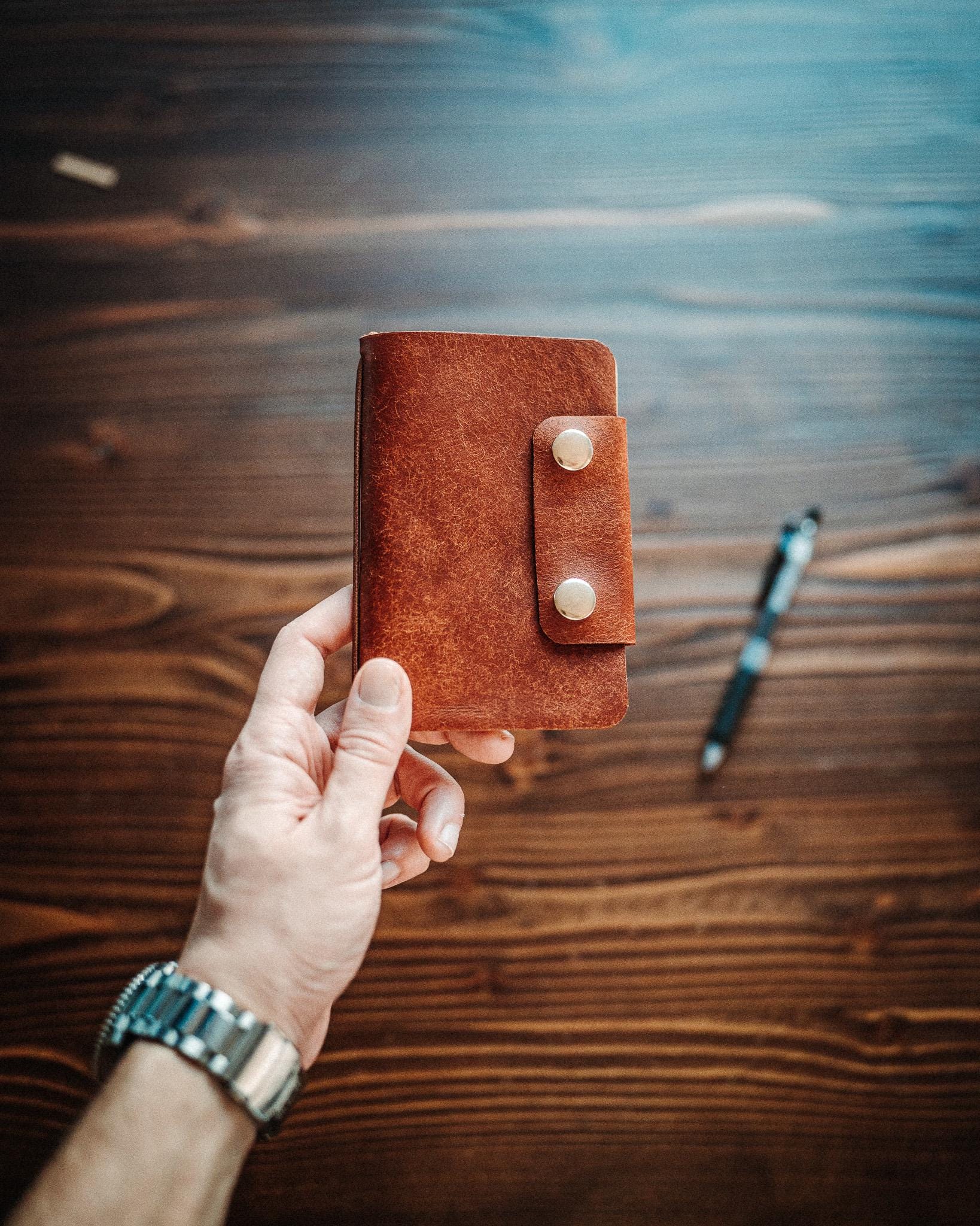 Leather Field Notes Cover, Handmade Notebook Case with Hidden Pen Holder