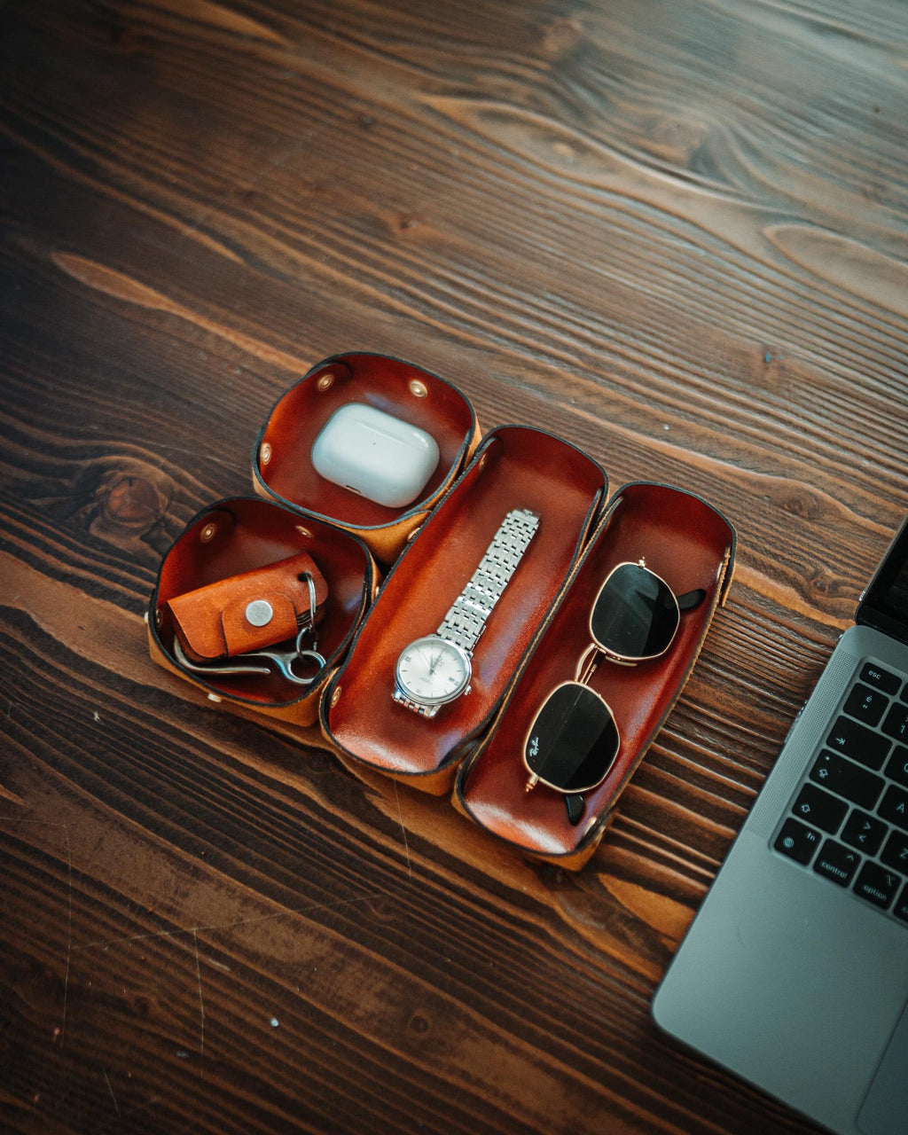Modular Leather Valet Tray Set, Handmade Full Grain Catchall, EDC Watch Organizer