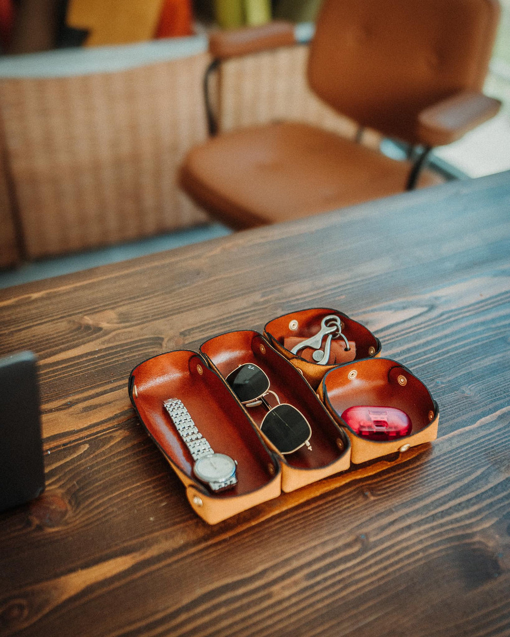 Modular Leather Valet Tray Set, Handmade Full Grain Catchall, EDC Watch Organizer
