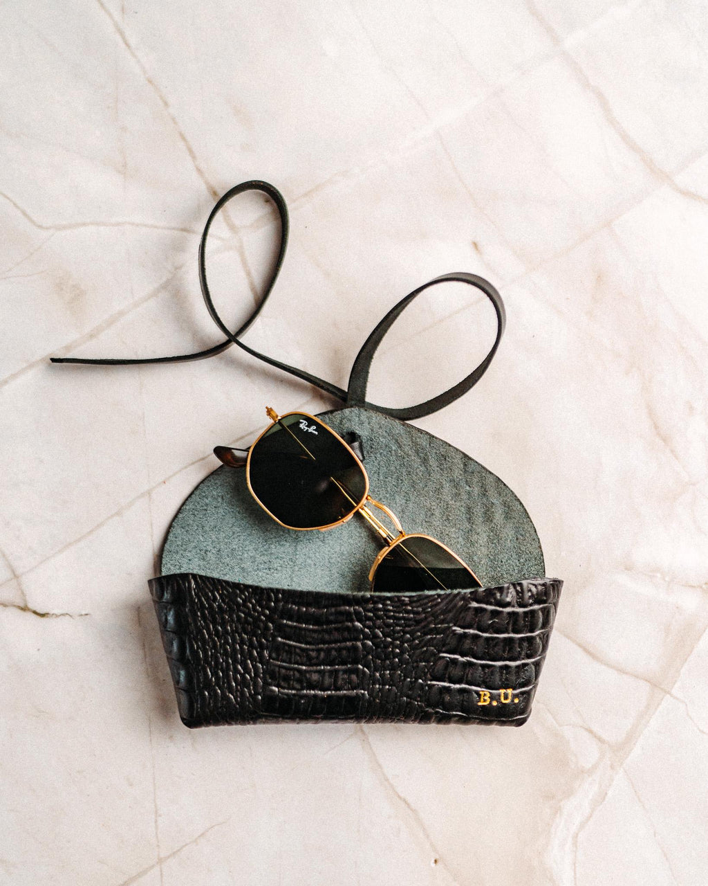 Leather Sunglasses Case, Handmade Full Grain Crocodile Glasses Holder, Personalized Gold Foil Gift