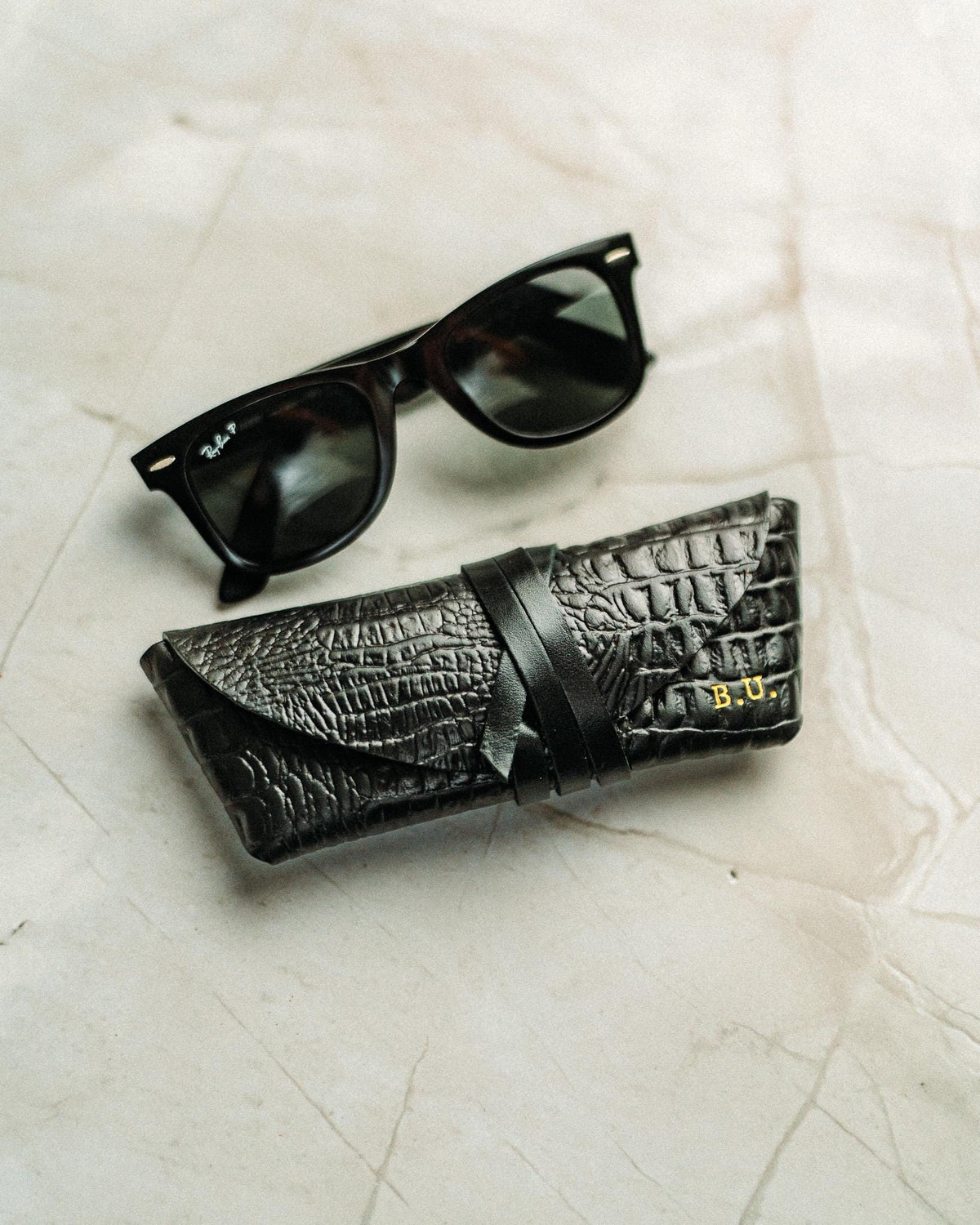 Leather Sunglasses Case, Handmade Full Grain Crocodile Glasses Holder, Personalized Gold Foil Gift