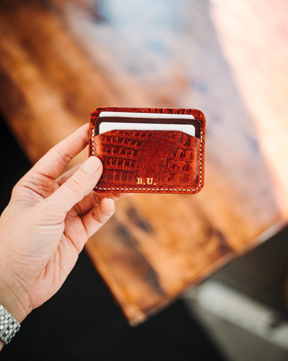 Crocodile Leather Card Holder, Handmade Full Grain Slim Wallet, Personalized Gold Foil Gift