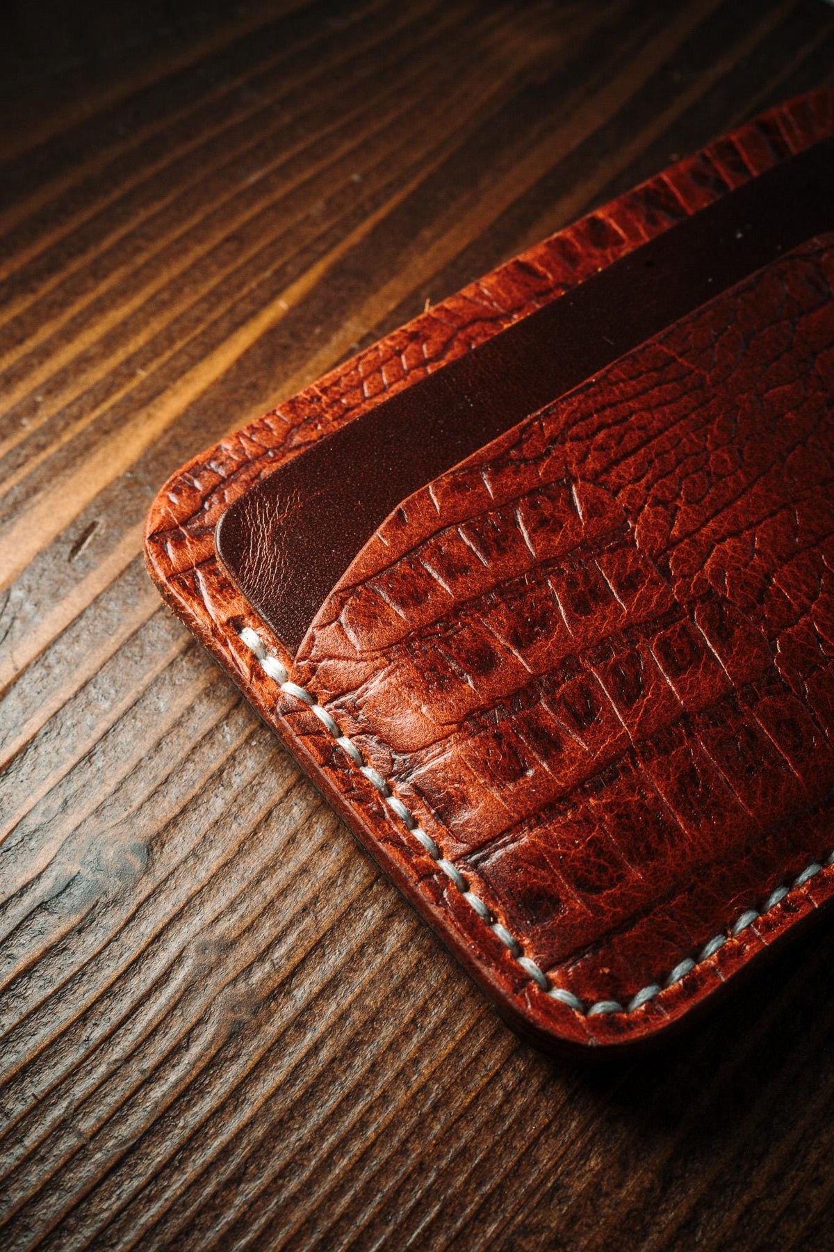 Crocodile Leather Card Holder, Handmade Full Grain Slim Wallet, Personalized Gold Foil Gift