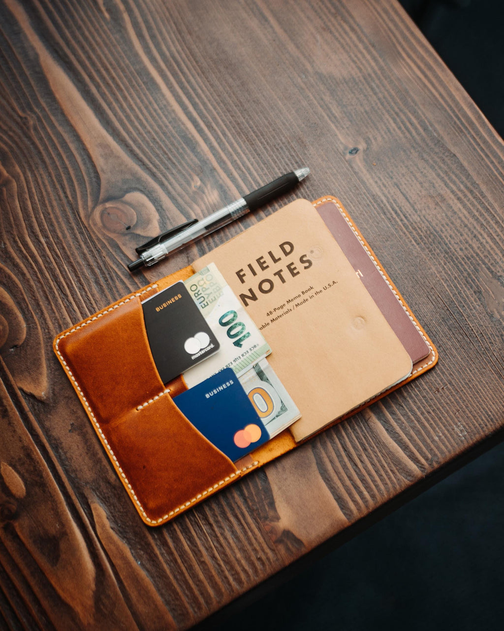 The Adventurer | Gloss open with cards, cash, a Field Notes notebook, passport and pen