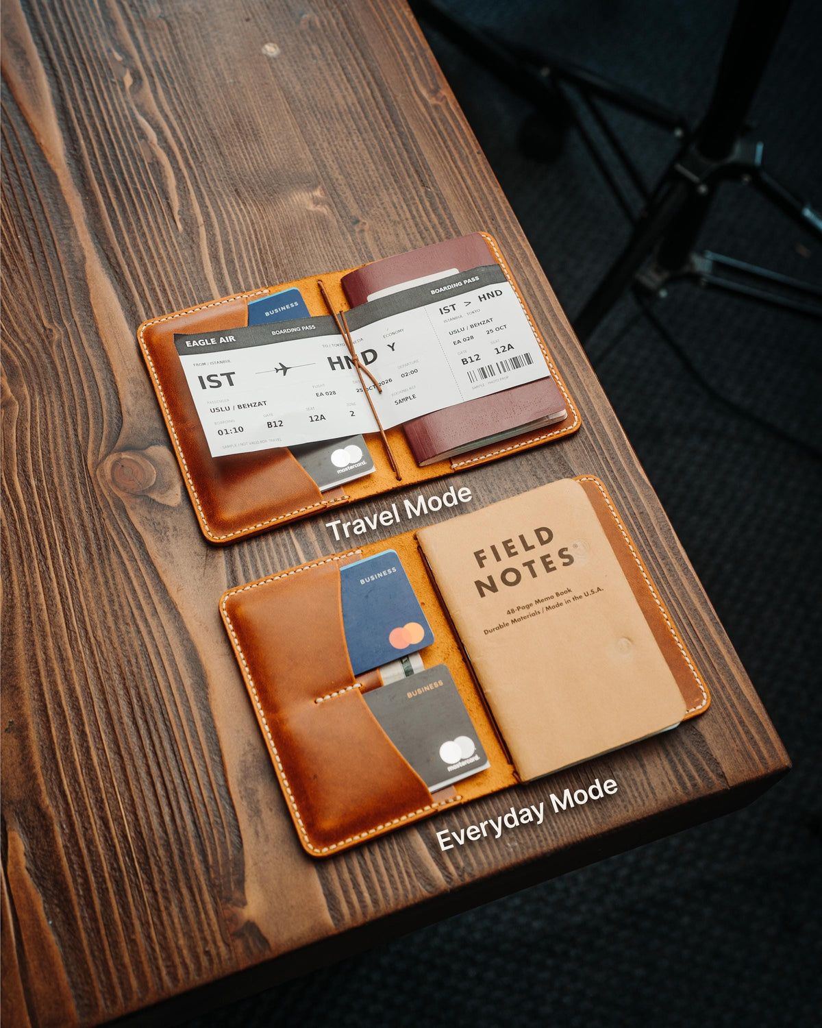 The Adventurer | Gloss in travel mode with passport and boarding pass, and everyday mode with Field Notes