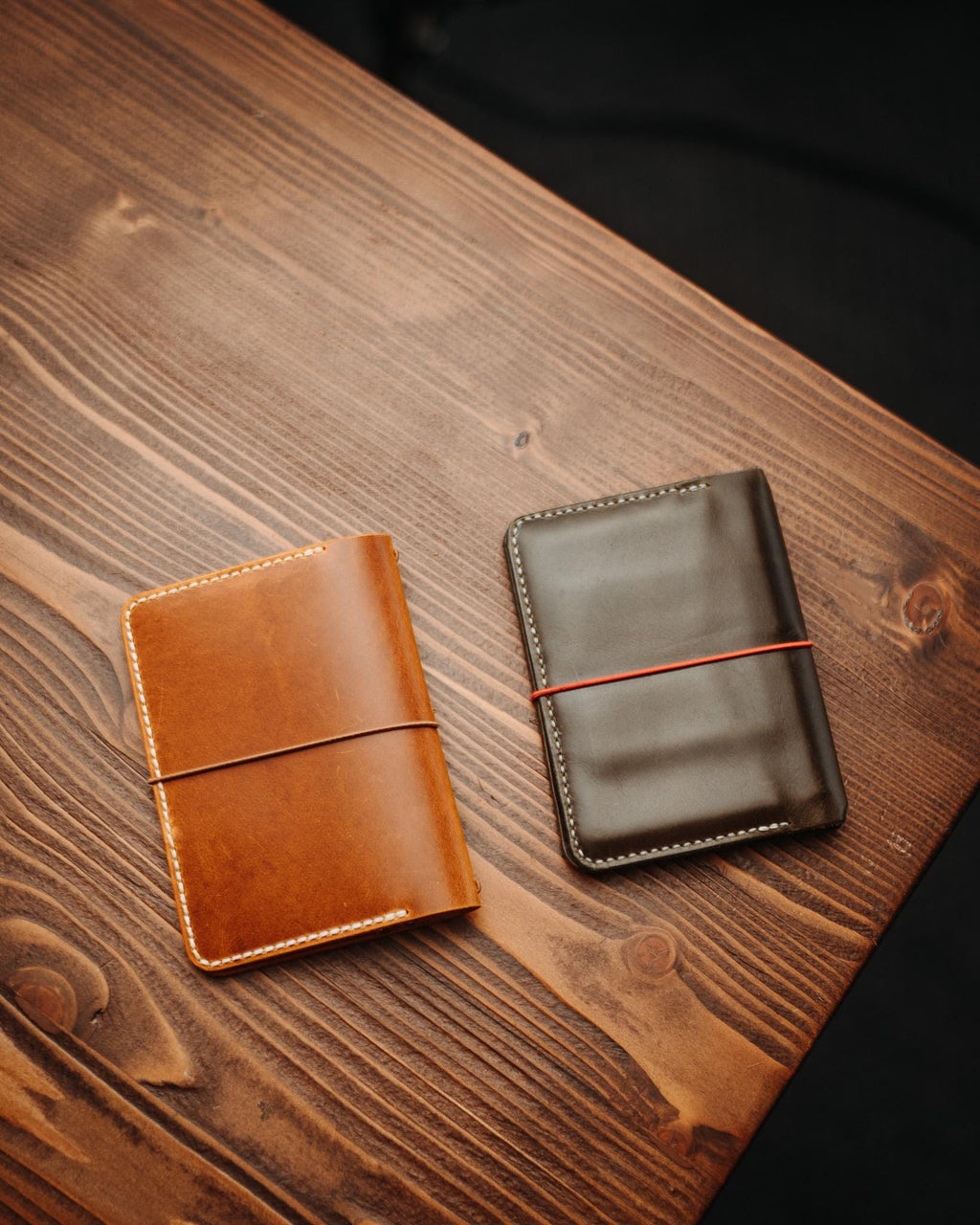 The Adventurer | Gloss in Amber Tan beside a year-old Serpentine Green with orange elastic